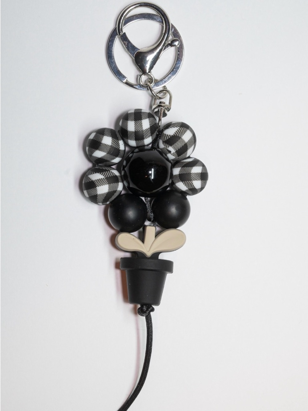 Hand Crafted Black and Cream Beaded Flower Keychain
